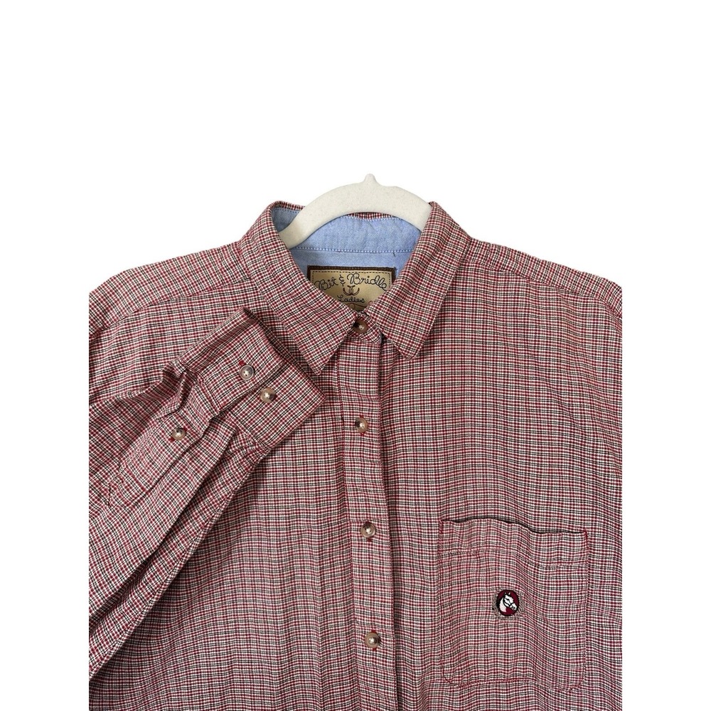 Bit and Bridle Top Womens Red Checked Button Long Sleeve Western Horse Front Hit